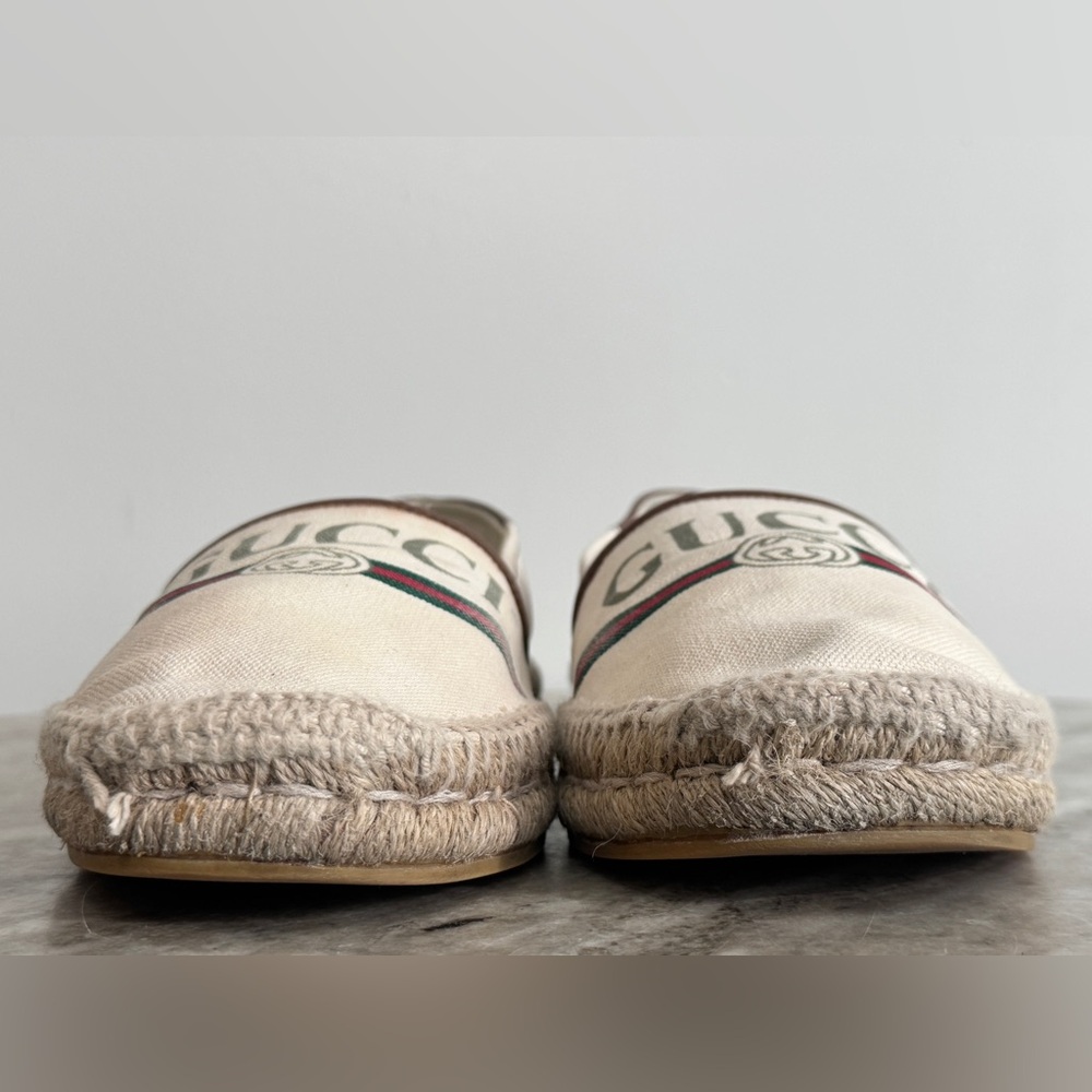 GUCCI Espadrilles Beige/ Cream Canvas With Web & Logo Leather Trim  7  / 7.5 US - Picture 8 of 13